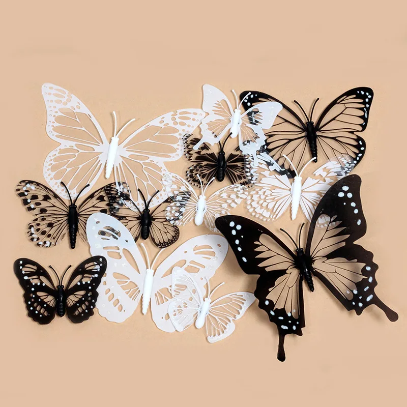 

12-Pack 3D Black & White Butterflies - Realistic Wall Decals for Home/Garden, Mixed-Size Simulation Stickers, Peel & Stick Decor