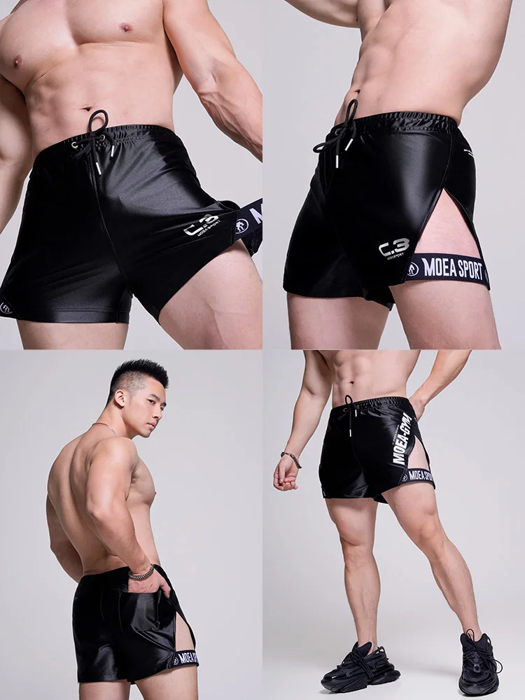 Short amissié noir brillant pour homme, fitness en plein air, grande taille, imprimé lettre, bas de sport sexy