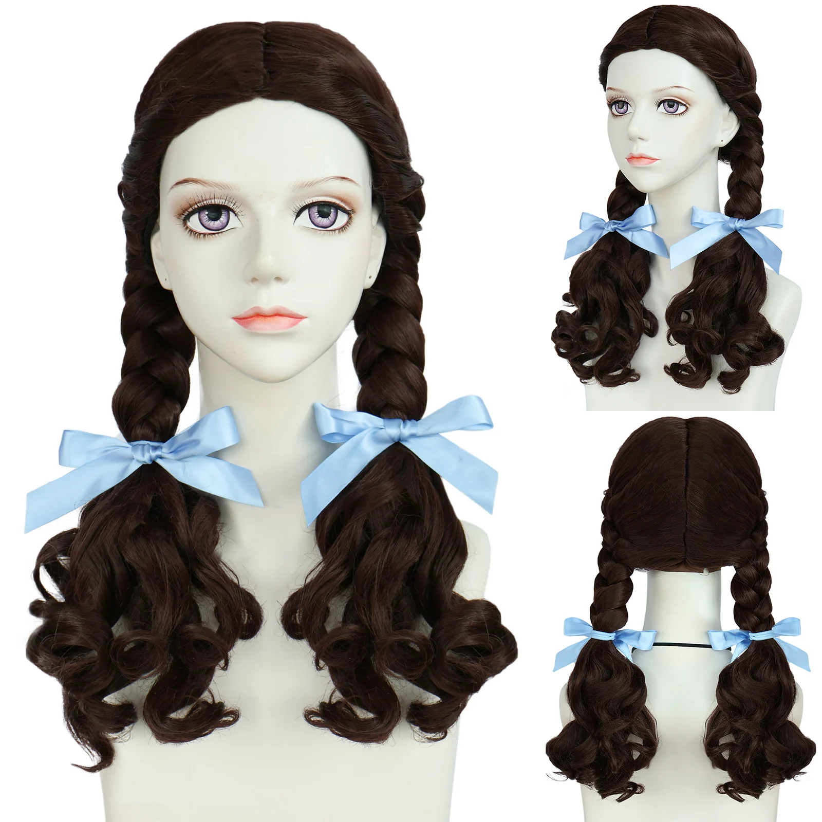 

Synthetic Brown Long Wig (2 Blue Ribbons) with Double Braided Wigs for Princess Wigs for Cosplay Costume Halloween Party