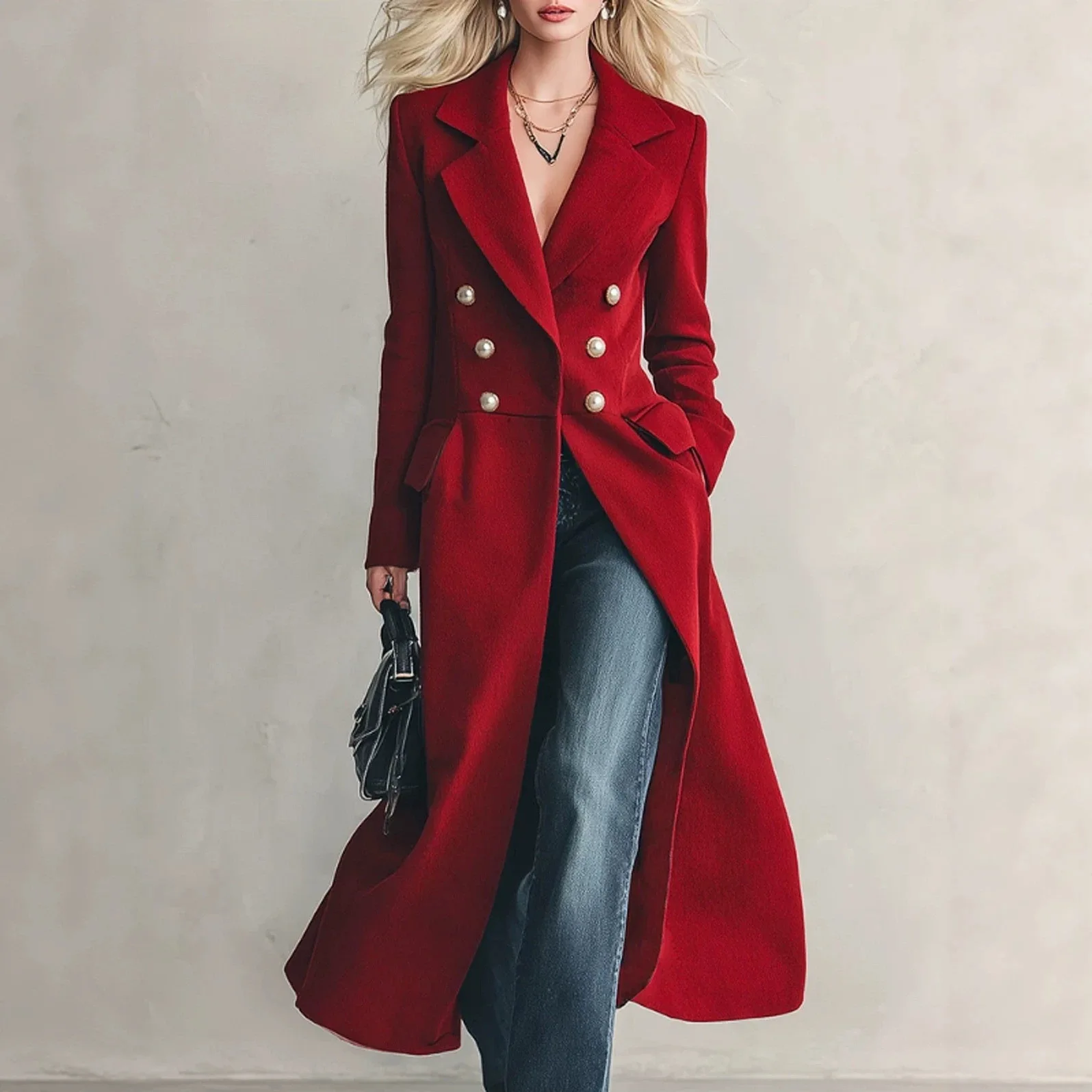 2026 Autumn. And Winter Long Wool Coat Women's Waist-cinching Double-breasted Over-the-knee Women's Coat Outerwear Boho Sexy