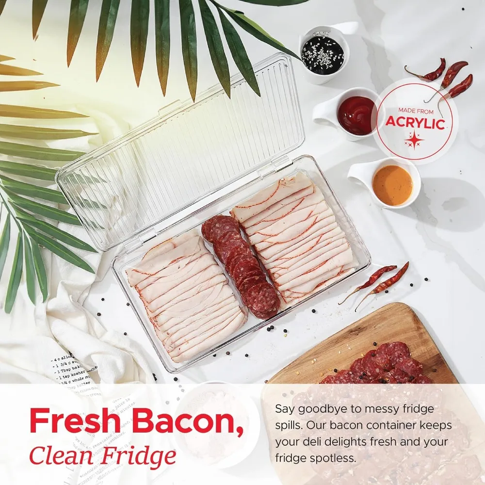 Bacon Container for Fridge (2 Pack) - Fridge Storage Organizer for Cheese & Deli Meat, BPA Free, Dishwasher Safe