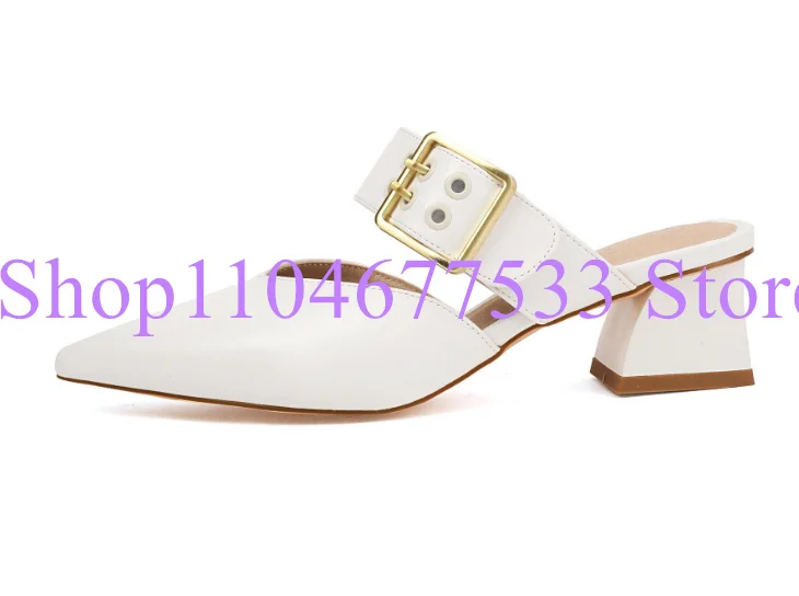 

White Color Leather Chunky Heel Lady Sandals Fashion Pointed Toe Buckle Strap Woman High Heels Shoes Female Sexy Pumps