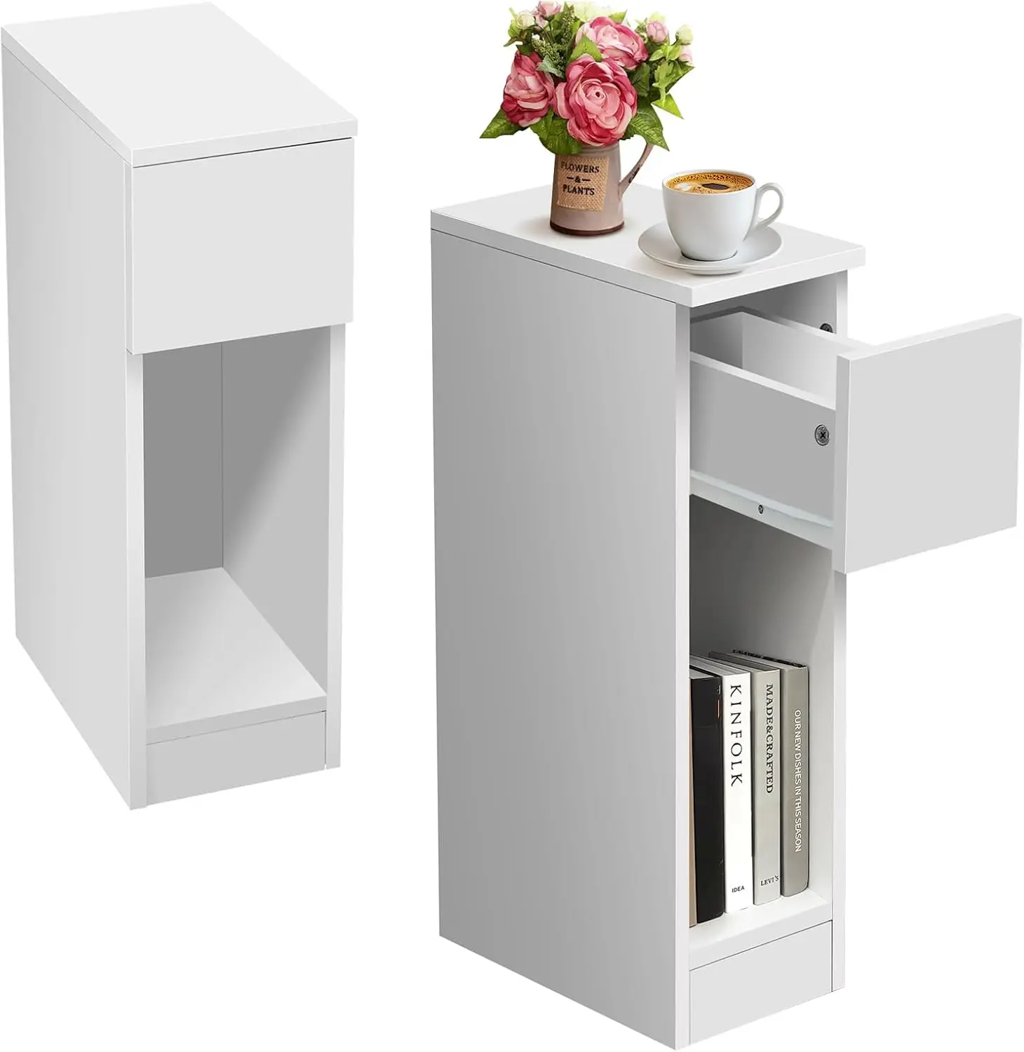 Small Slim Side Table with Drawer,Narrow End Table forTiny Spaces,Thin Bedside Table Nightstand withOpen Shelf,Modern Sofa Table