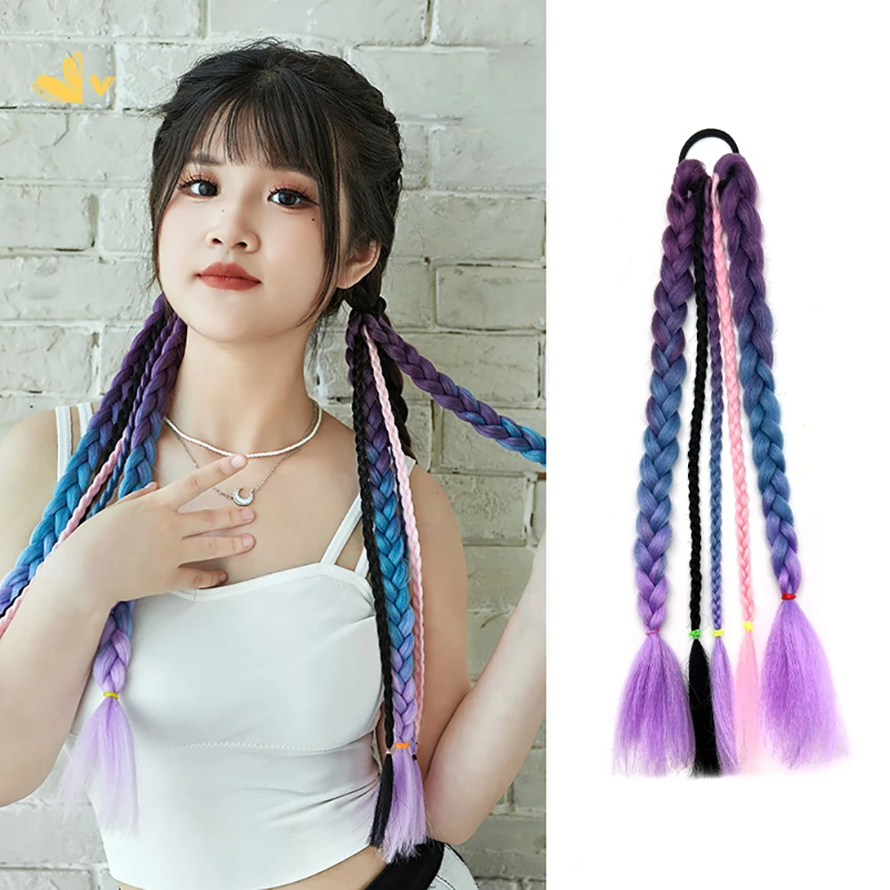 

synthetic wig 2Pcs Sweet Cool Girl Highlight Ponytail Braid Boxing Natural Hottie Twist Double Pony Tail Fake Hair Accessories