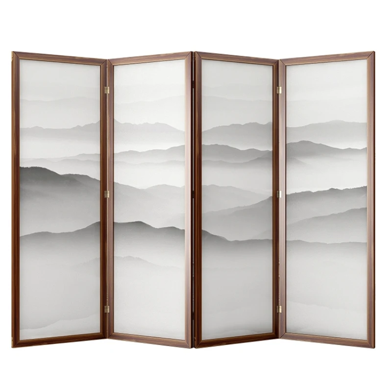 New Chinese screen retro landscape solid wood folding mobile office tea room hotel shade modern simple folding screen