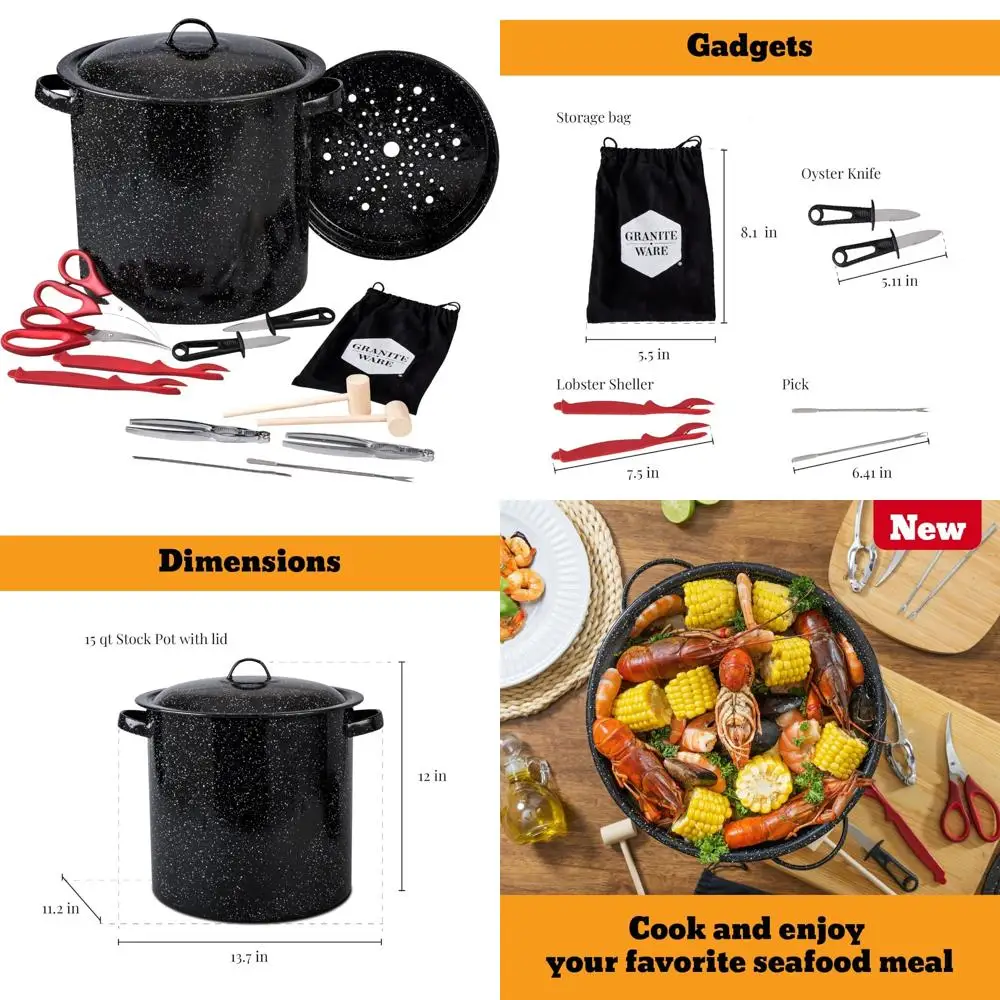 

Seafood Cooking Set with Large 15.5 Quart Stock Pot, Steamer Insert, and Crab, Lobster, Shrimp Tools for Boiling and Steaming