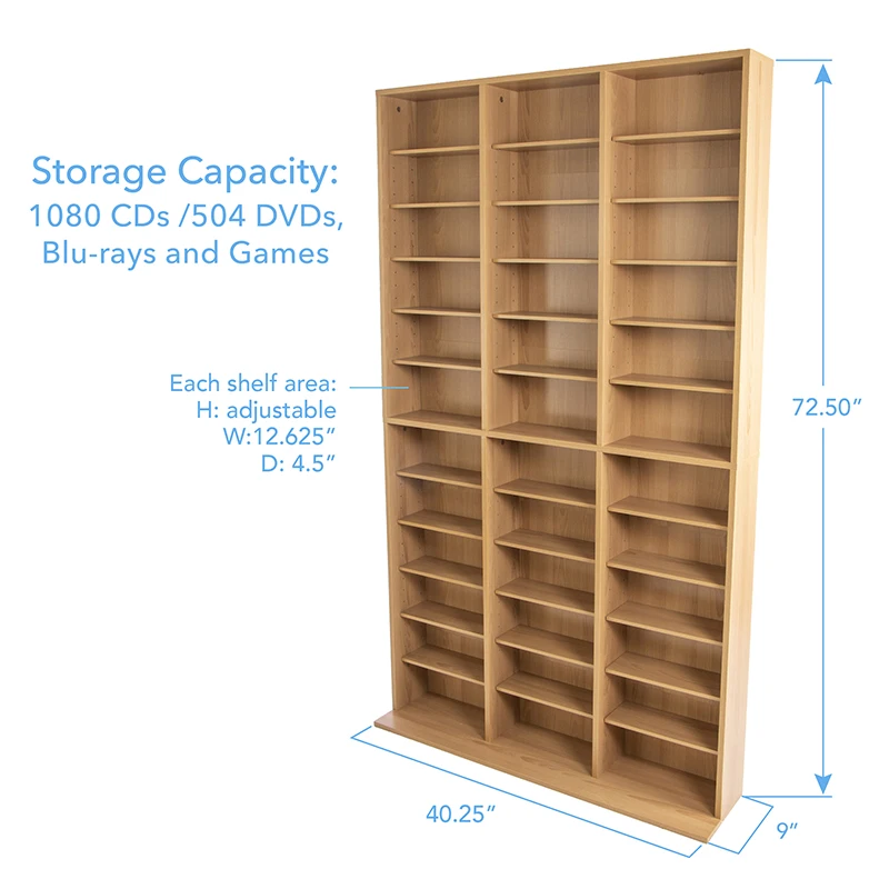 Media Shelving Unit, 6 Fixed Shelves, 30 Adjustable Shelves, Wide Base for Stability in Maple On-Site