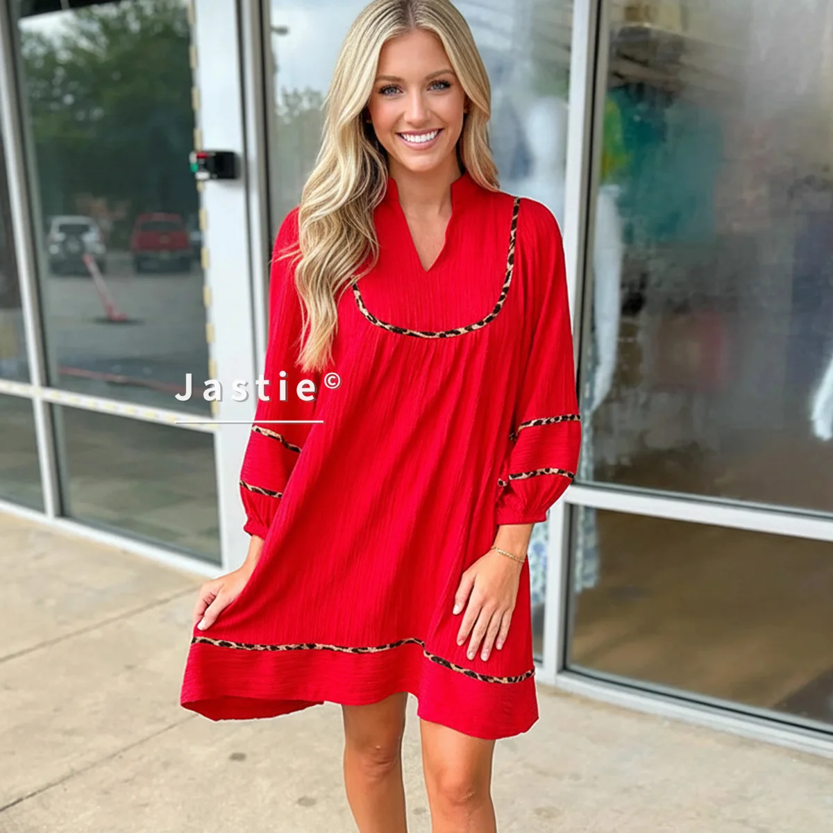 Mini abito rosso increspato colletto alla coreana scollo a V maniche a sbuffo 3/4 stampa leopardata finiture abiti da donna Boho abito da spiaggia casual 2026