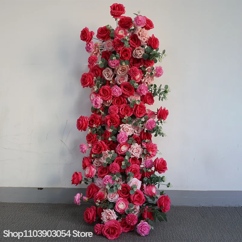 Luxuriöses Rot-Rosa Rosen-Blumenarrangement mit Künstlichem Eukalyptus für Hochzeits-Hintergrund, Bühne, Party, Zeremonie und Gangdekoration – Detail 7