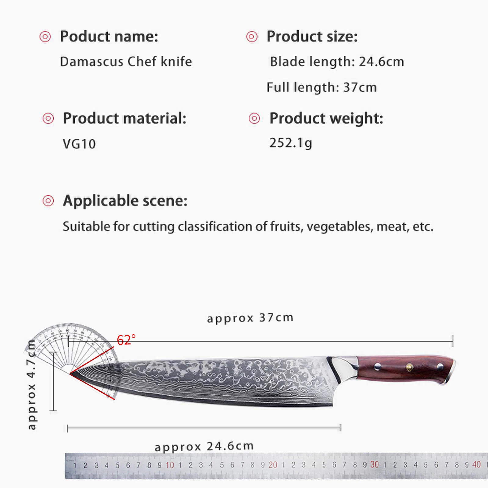 TJ POP Professional 9.5 Inch Gyuto Knife VG10 67 Layer Damascus Steel Pakkawood Handle Meat Cutting Slicing Kitchen Chef Knife