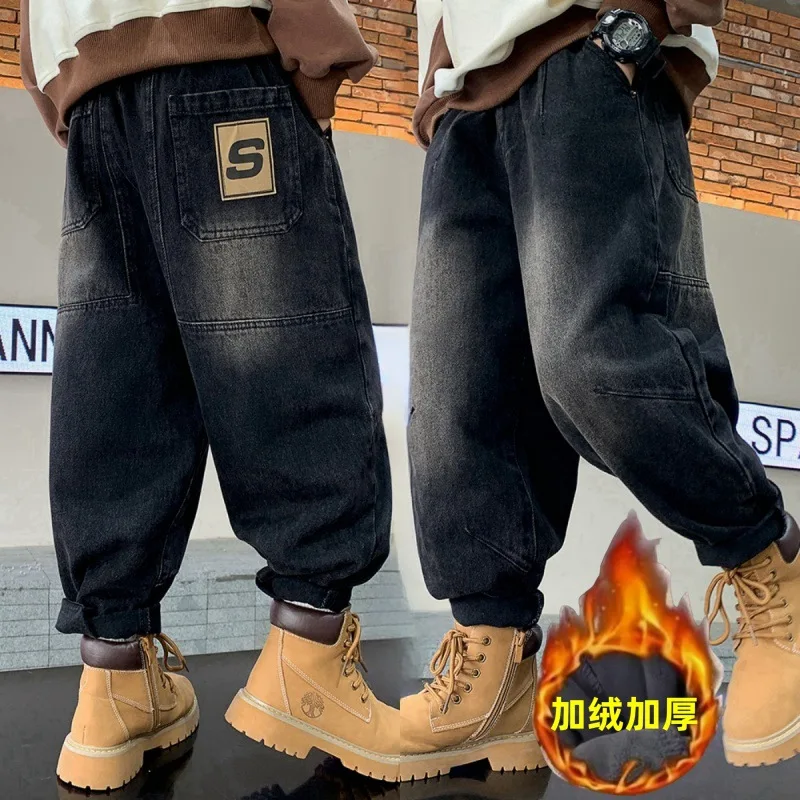 الكورية المألوف الصبي المتكاملة المخملية S كلمة الجينز شتاء دافئ سميكة الصبي الجينز الأطفال السراويل واسعة الساق طفل السراويل