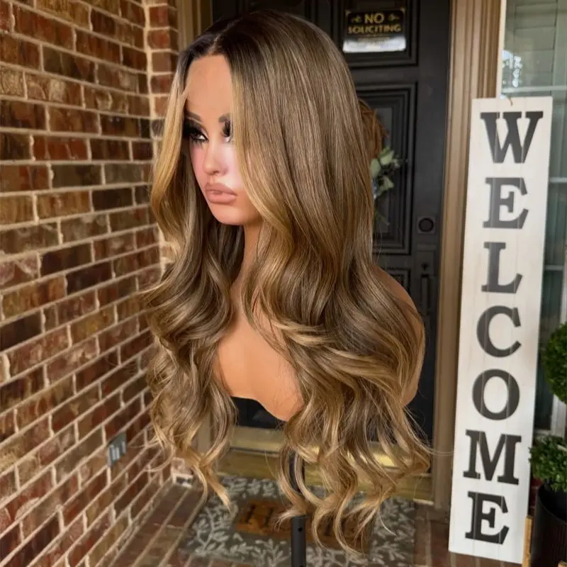 Glueless Preplucked Hairline 13x4 Ombre Honey Brown with Blonde Streaks Highlights Synthetic HD Lace Front Wig Natural Wave Wig