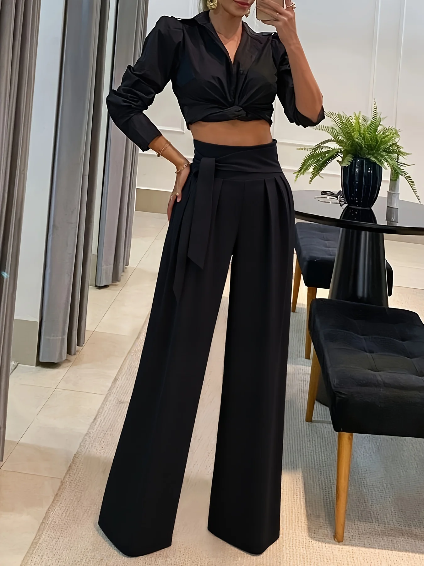 Neue Damen-Hosen mit weitem Bein, für Büro, Arbeit, formelle Anlässe, Frühling und Herbst, schwarze Hosen mit hoher Taille und Wickeldetail, für den täglichen Gebrauch und als Streetwear. – Detail 6
