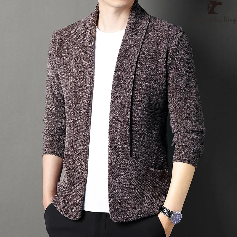 Autumn Winter High Quality Brand Men\'s Pure Color Chenille Cardigan Fashion Thick Warm Sweatercoat Men Clothing