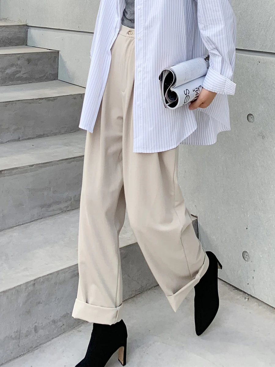 

Брюки с высокой талией, драпированные, широкие, осенние, новые, женские, свободные, костюмные, цвета хаки, прямые, повседневные брюки-трубы