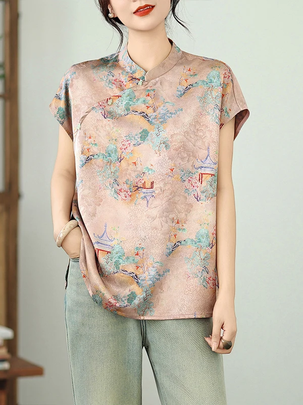 

Новый китайский двусторонний вышитый принт ort Sve irt с воротником-стойкой, свободный летний топ для больших размеров...