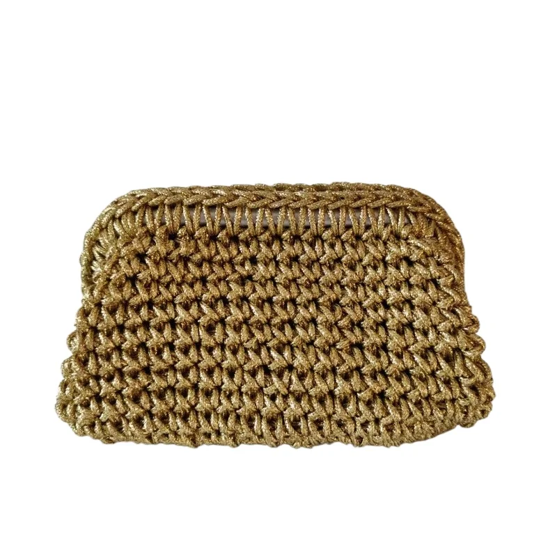 

Женская сумка с золотой веревкой, плетеная крючком, сумка с зажимом для пляжа, путешествий, отдыха, вечера, элегантный кошелек, вязаные крючком дневные клатчи ручной работы