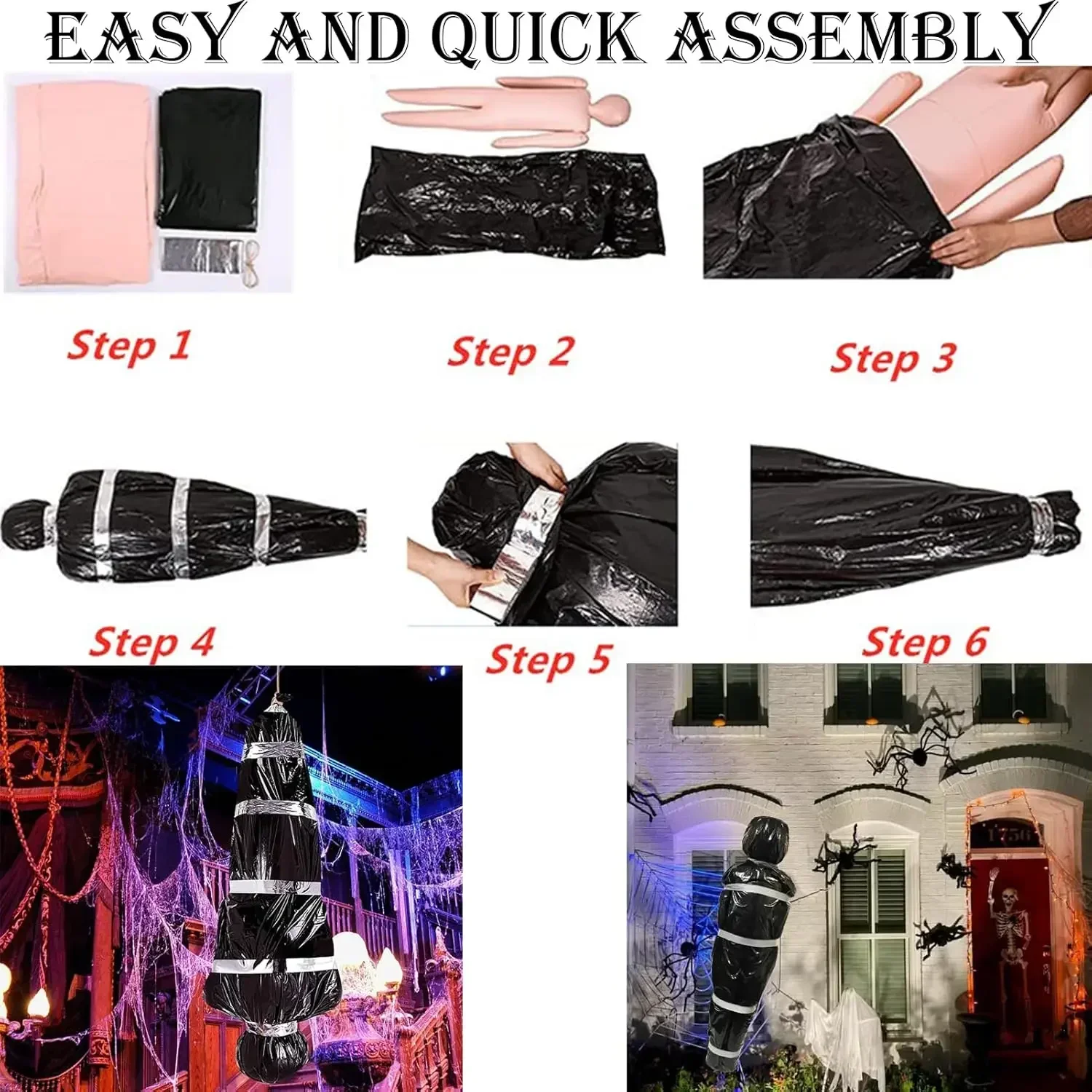 جسم ميت مزيف للهالوين في حقيبة دعامة جثة واقعية خارجية لتزيين المنزل المسكون المخيف