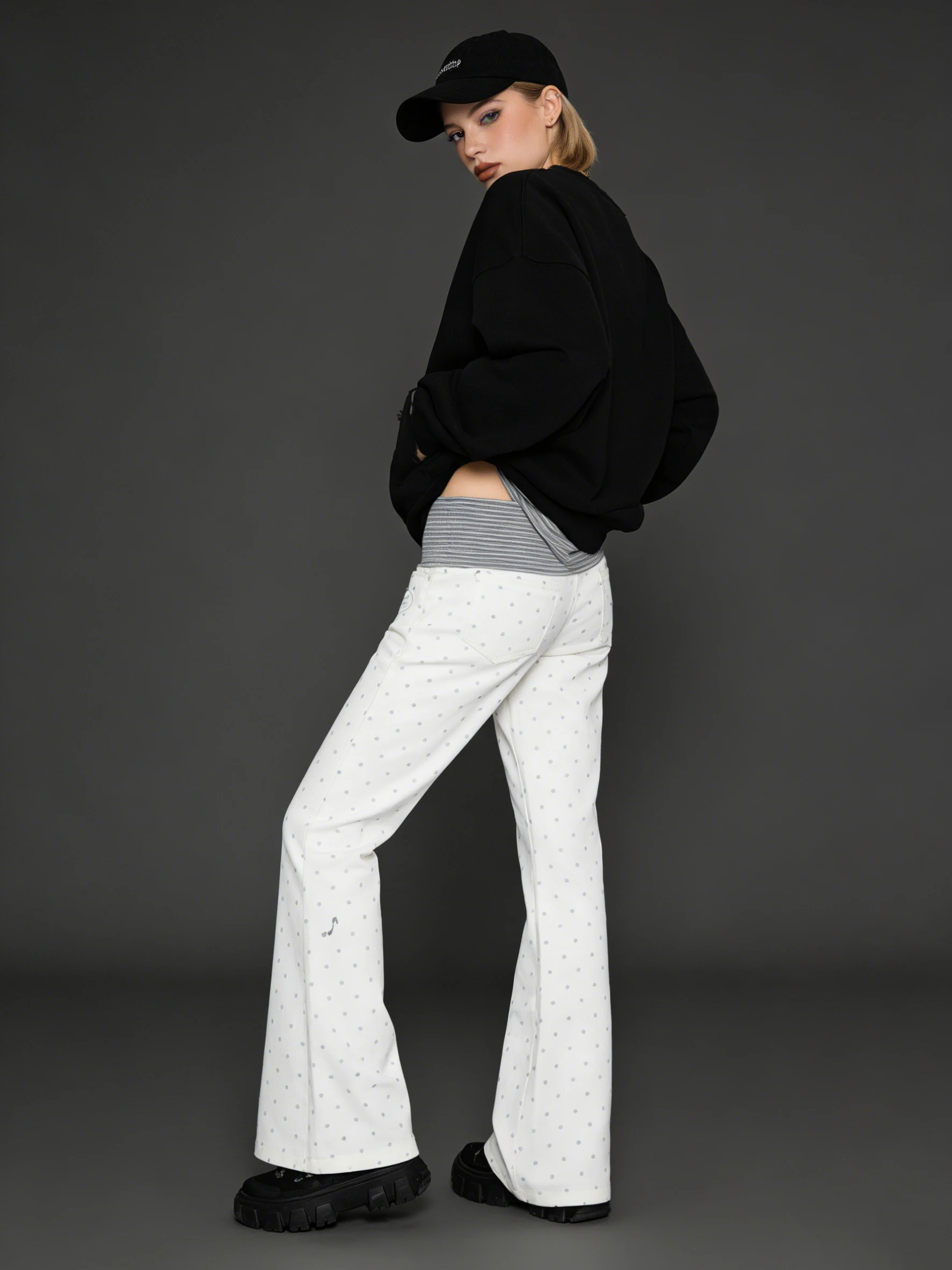 High Waist Music Note Print Casual Streetwear Soft Comfortable Spring Summer Trousers Women's White Polka Dot Wide Leg Pants