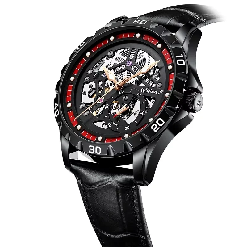 Coated Glass Crystal Steel Case Relogio AILANG New Casual Mechanical Leather Strap Waterproof Automatic Skeleton Sports Watch