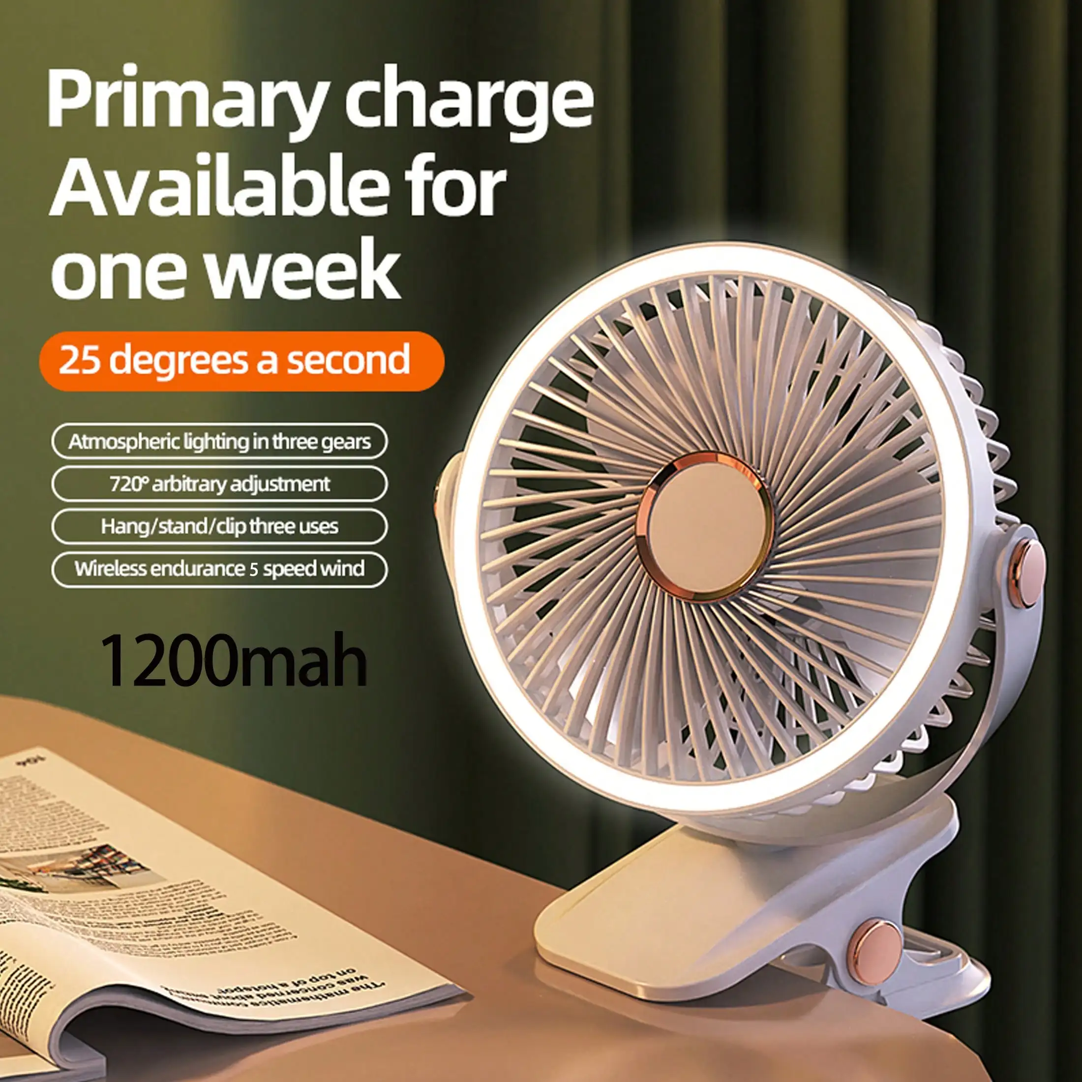 

WOOSENHWO USB Rechargeable Desktop Mini Clip Fan With Light, 360 Degree Rotation, Home/Office Use, Car Cooling, Camping Equipment, Portable Fan