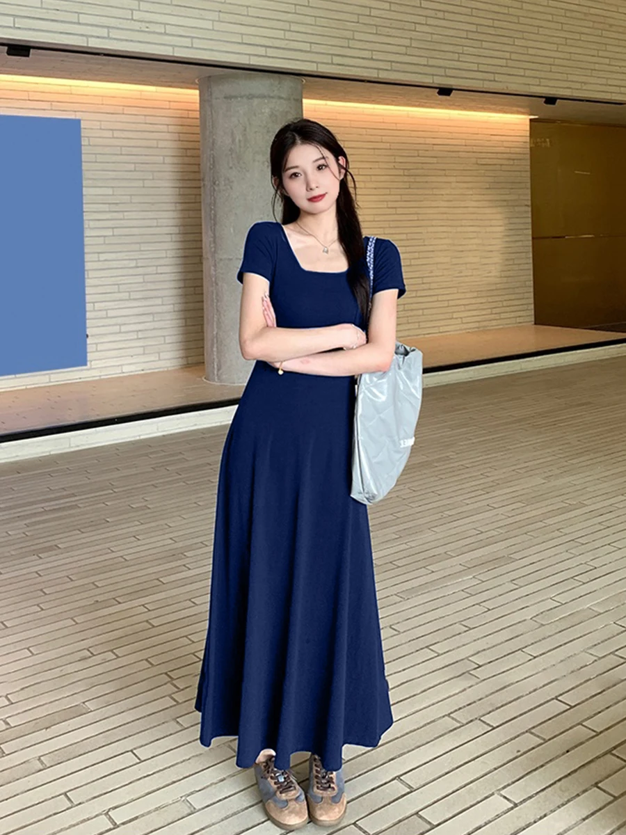 

Off Pure Color Slim Fit ort Sve Dr Women's Summer Vaion Long Dr Dra Midi Dr Korean Sle High Waist