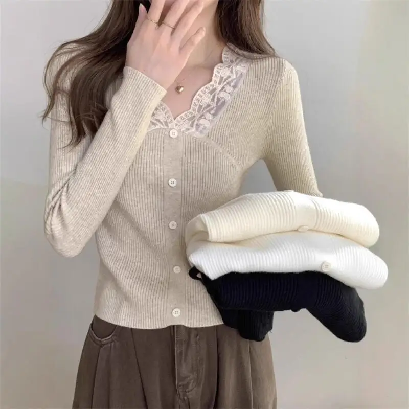 

Women's Clothing Gentle Design Sense Lace Blouse V-Neck Knitwear Autumn and Winter Innerwear Base Layer Sweater Fashion Cardigan