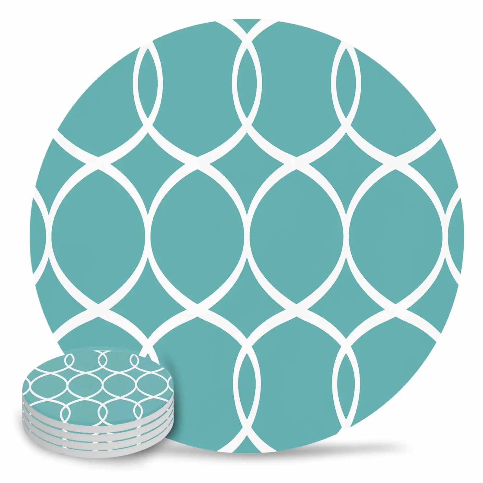 Geometric Abstract Lines Blue Ceramic Coaster Set Kitchen Table Round Placemat Luxury Decor Coffee Tea Cup Coasters