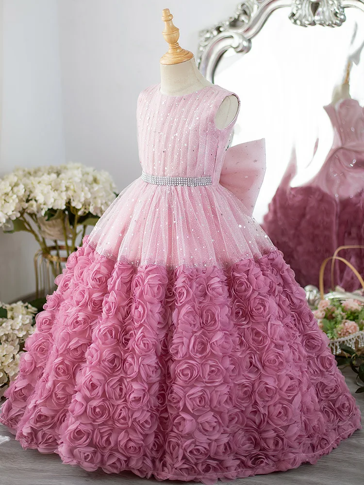 Robe de princesse pour filles, tenue de Rh, longue, avec nœud, motif floral rose, pour mariage, fête d'anniversaire, élégante