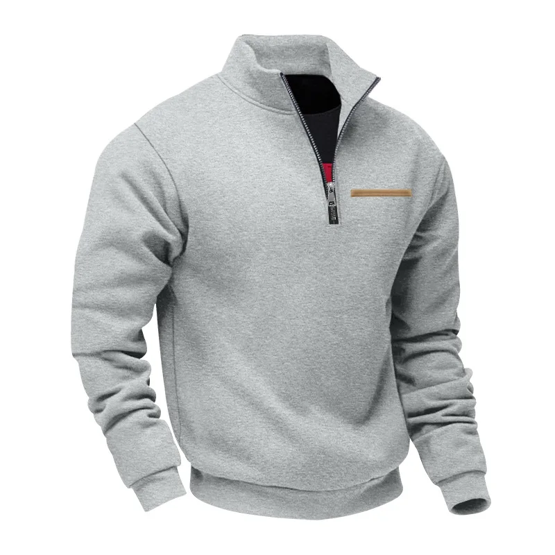 Amerikanischer Herbst- und Winter-Herrenpullover aus schwerem Fleece mit langen Ärmeln, halbem Reißverschluss, lockerem Schnitt und Stehkragen – Detail 28