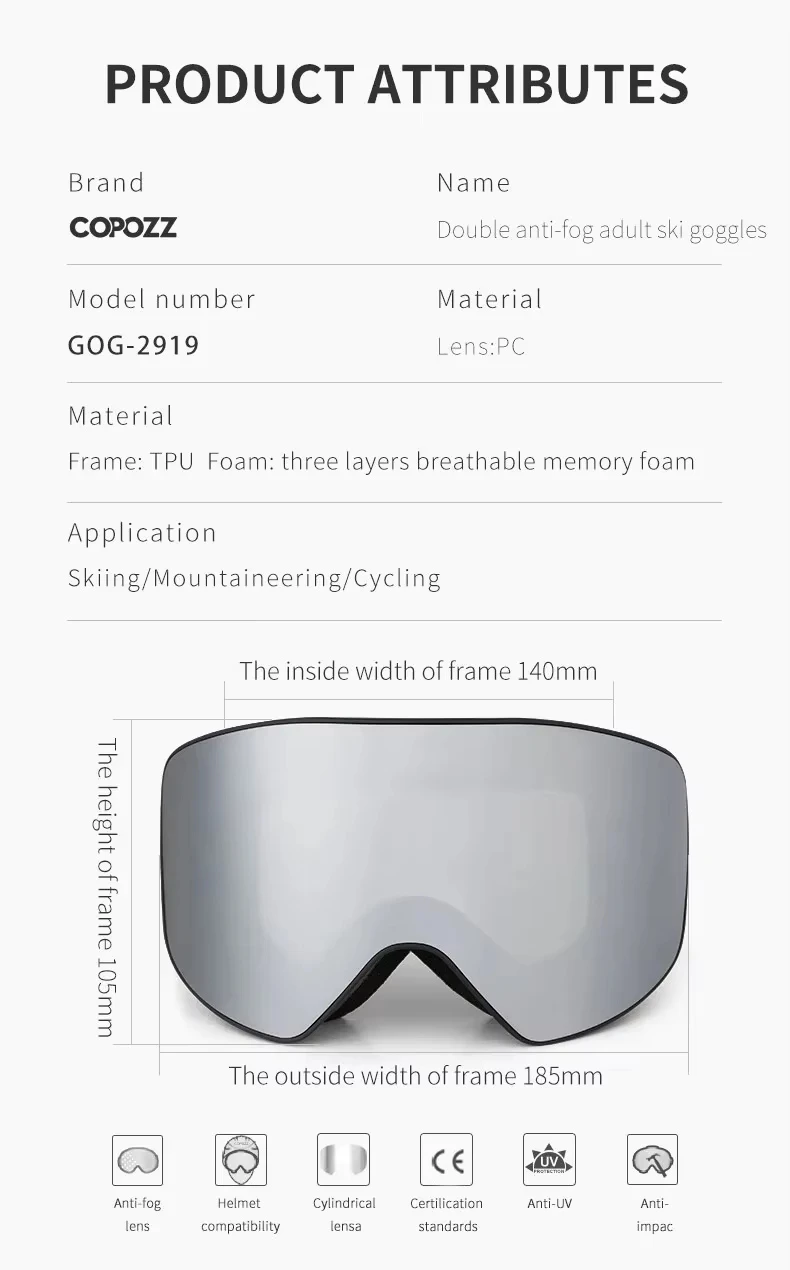 COPOZZ Zylindrische Skibrille für Männer und Frauen, Doppelschicht-Snowboardbrille für Erwachsene, Anti-Beschlag UV400 Skate-Skibrille – Detail 11
