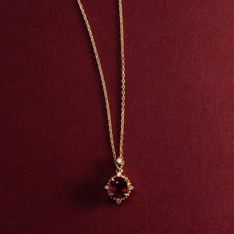 Vintage 925 Sterling Silver Ruby Color 18K Gold Plated Chain Necklace Garnet Zircon Exquisite Women's Necklace Party Jewelry