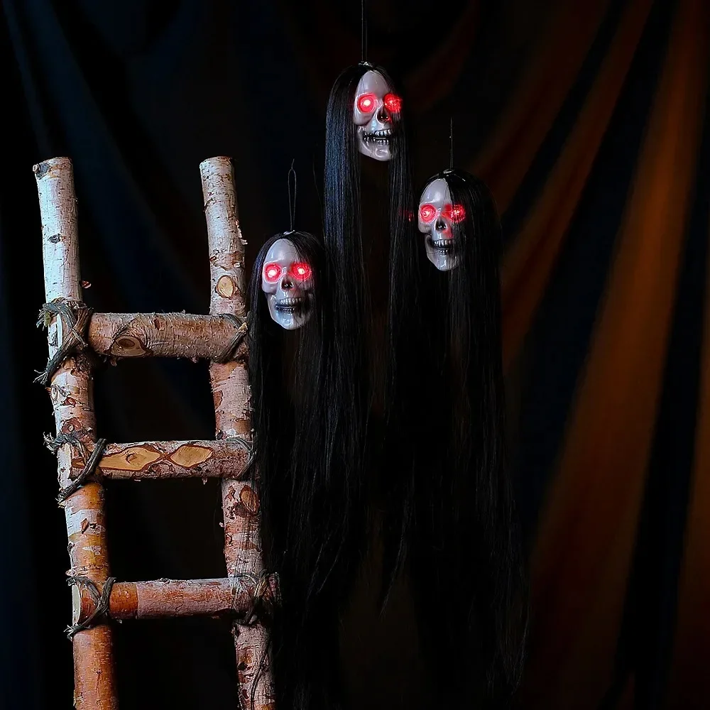 Long Hair Glowing Female Skeleton Ghost Halloween Hanging Ghost Skeleton Horror Skull Haunted House Secret Room Set Decoration image 3