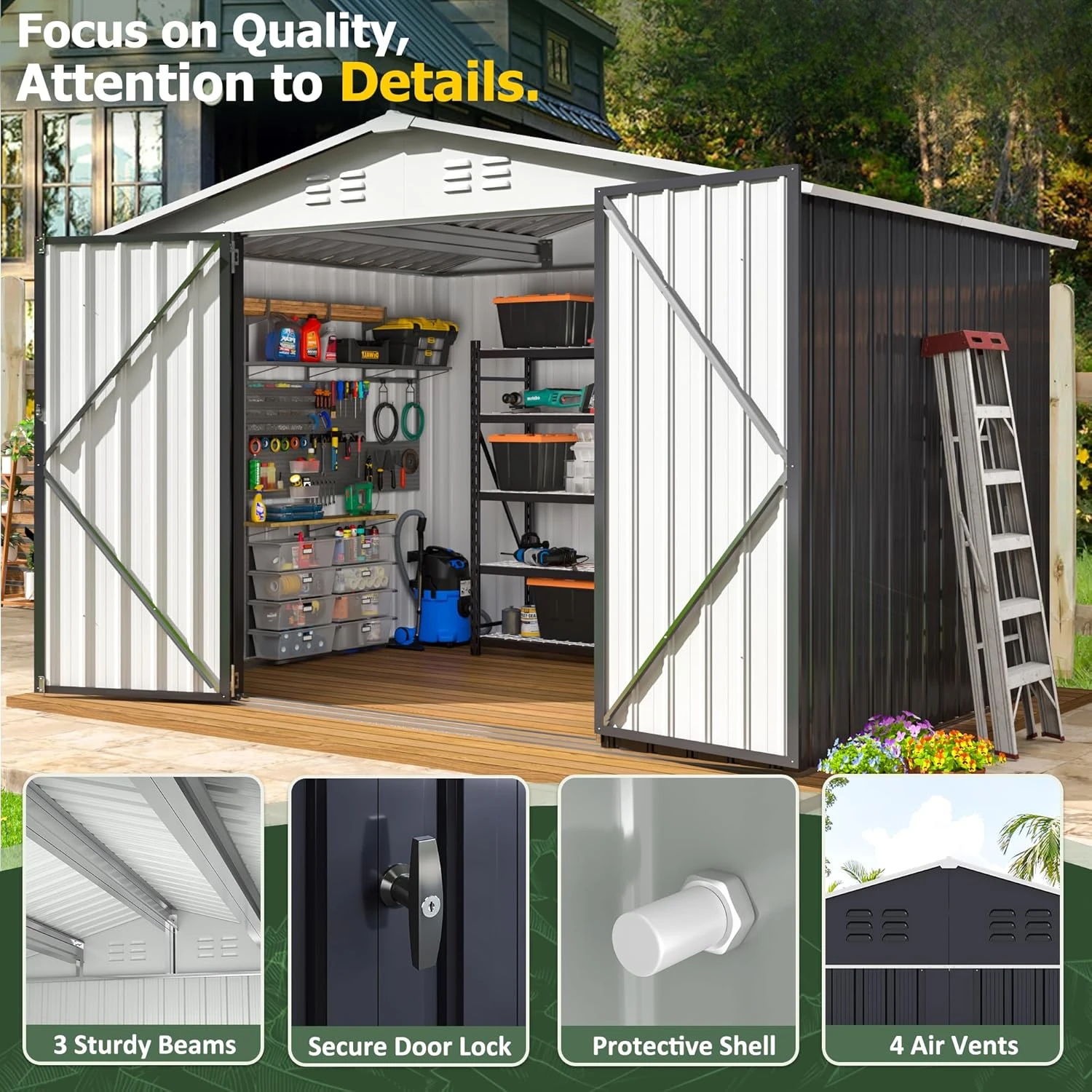 6x8 FT Outdoor Storage Shed, with Updated Frame Structure and Lockable Doors, Metal Tool Sheds for Backyard Garden Patio Lawn