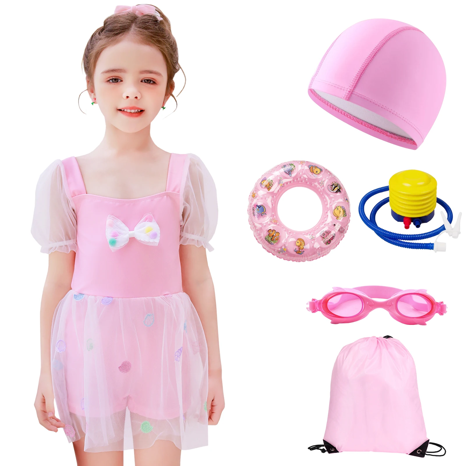 

Girls Swimsuits 6pcs/Set Short Sleeve Swimming Dress Hat Goggles Buoyancy Circle Air Pump Summer Children's Mesh Swim Wear