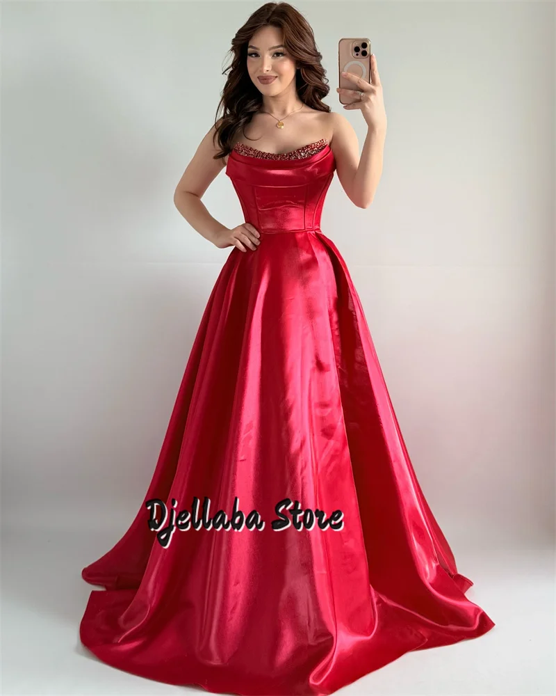

Red Satin A-line Spaghetti Strap Prom Dresses 2025 Saudi Arabia For Women Wedding Bridesmaid Evening Party Dress Customized