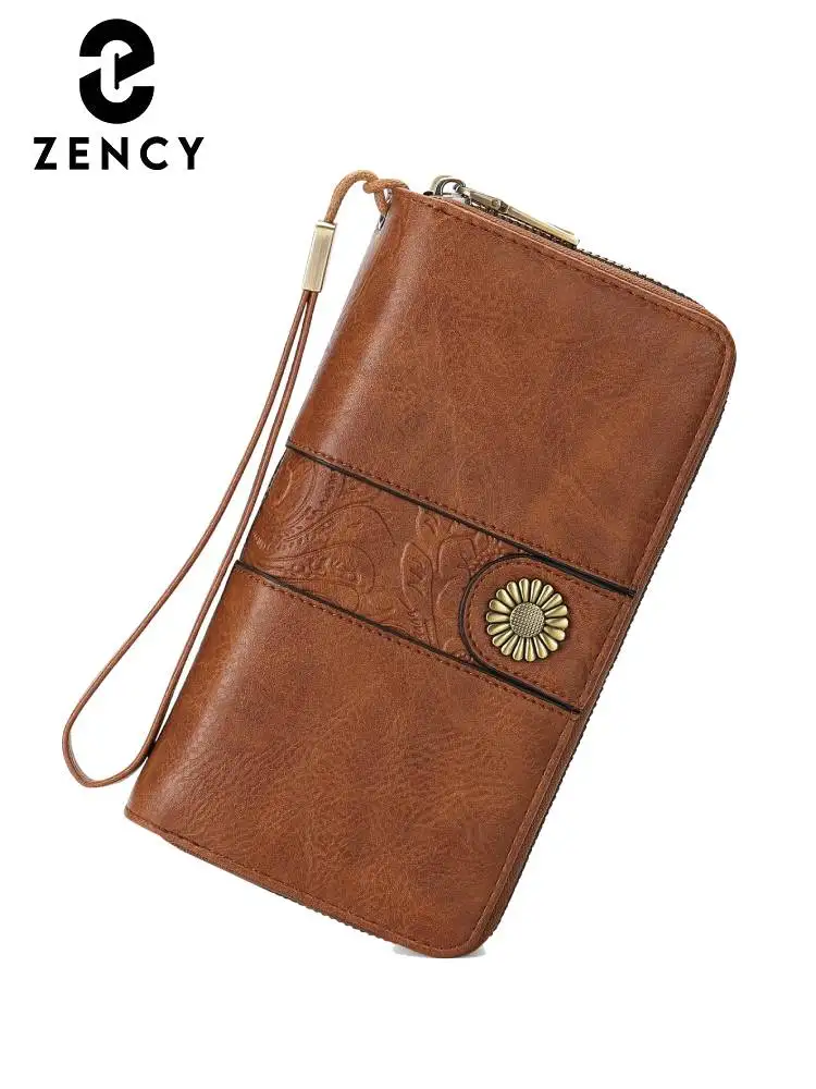 zency-ヴィンテージ盗難防止レディース財布本革大容量小銭入れカードホルダー高品質長財布ブラウン