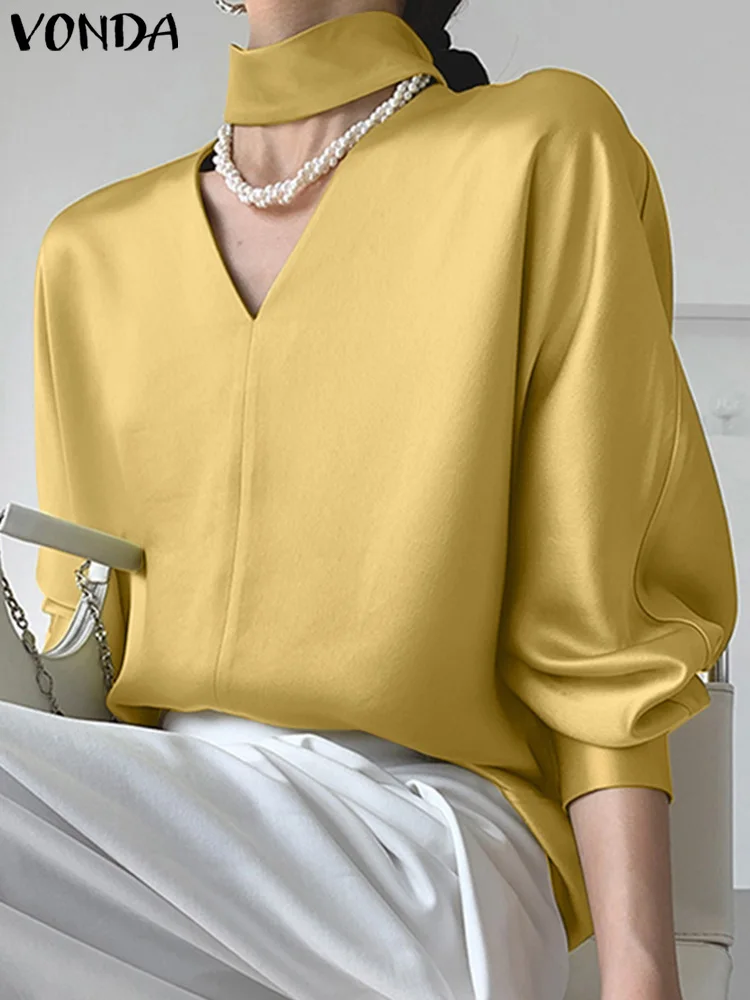 

VONDA Women Satin Silk Blouse Fashion V Neck Tops 2025 Summer Solid Color Elegant Work OL Tunic Casual 3/4 Sleeve Blusas S-3XL