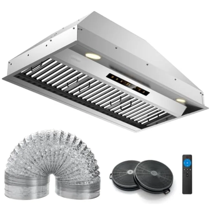 شفاط فوق الخزانة مقاس 36 بوصة مع تصميم قابل للتحويل بدون مجاري 900 CFM من الفولاذ المقاوم للصدأ لرسوم تهوية المطبخ