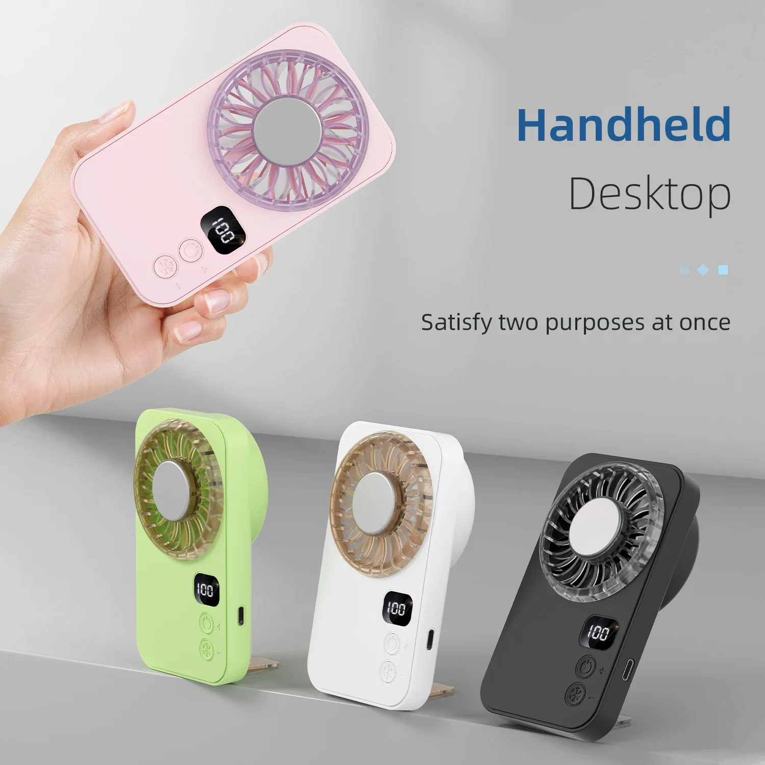 Mini Handheld Fan Ice Compress Portable USB Rechargeable Digital Display Stepless Speed Cooling Desktop Fan with Lanyard