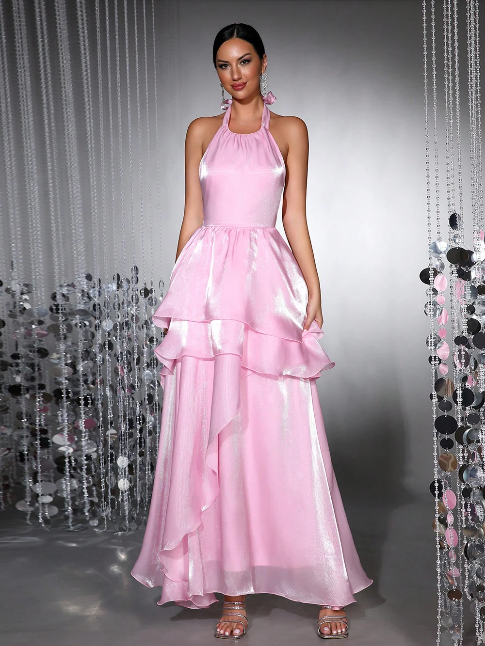 

﻿ Modphy Elegant Solid Ruffle Women Halter Long Dress Off Shoulder Backless Slim Female Maxi Dresses 2025 New Chic Lady Robe
