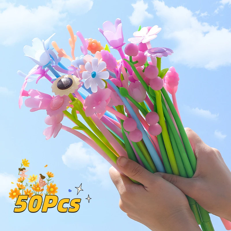 50 sztuk/partia Kawaii kwiat zmiana koloru długopis żelowy 0.38mm czarny wkład neutralne długopisy do pisania śliczne szkolne artykuły papiernicze prezenty biurowe