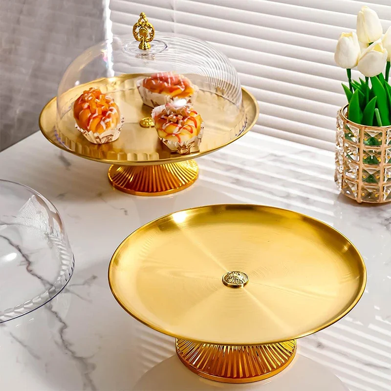 Luxury Stainless Steel Storage Tray High Stand Fruit Dish Dessert Cake Plate with Lid Wedding Party Home Living Decoration Room