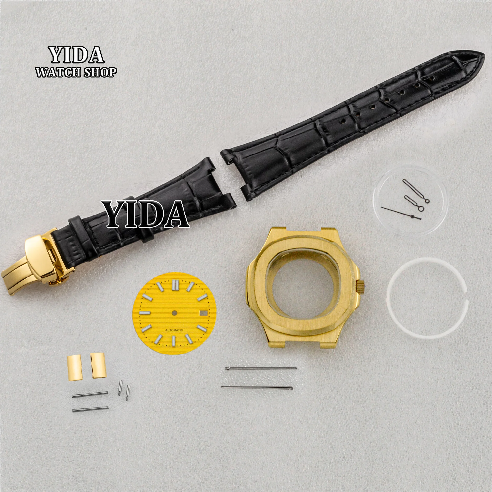 

41mm Gold Watch Case Genuine Leather Strap Green Luminous Dial Pointers Sapphire Glass Modified Case Fit Nautilus NH35 Movement