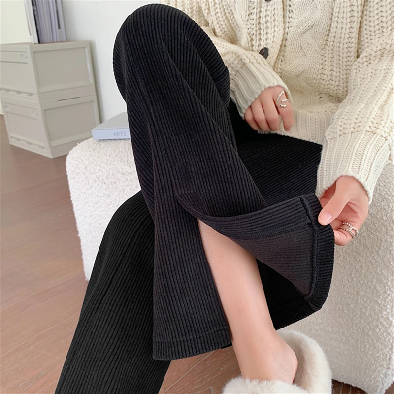 2023 New Corduroy Women's Suit Flare Pants Autumn Winter High Waist Full Length Front Split Casual Loose Pants Female Trousers