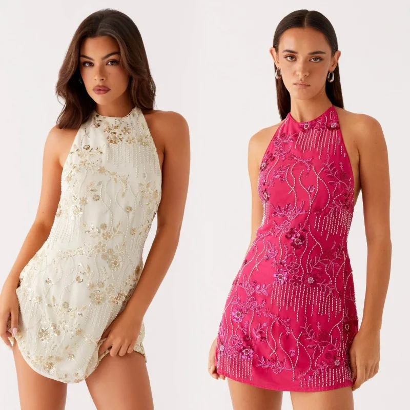 Mini abito con fiori ricamati con paillettes di perline Abito da donna con lacci senza schienale senza maniche Abiti estivi sexy Abito da donna per le vacanze di moda