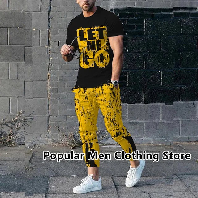 Summer Tracksuit For Men Vintage Print T-Shirt+Trousers Set Fashion Casual Suit Stylish Streetwear Male Outdoor Clothing