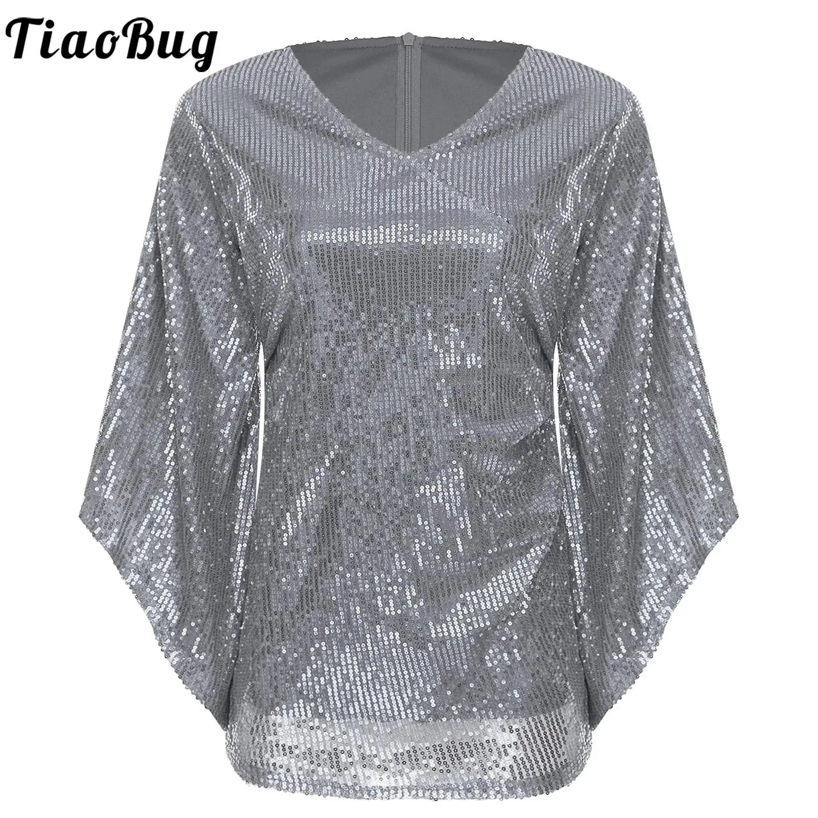 

Women Glittery Sequin Blouse Raves Party V Neck 3/4 Flared Sleeves Fully Lined Pullover Shirt Tops for Cocktails Club Evenings