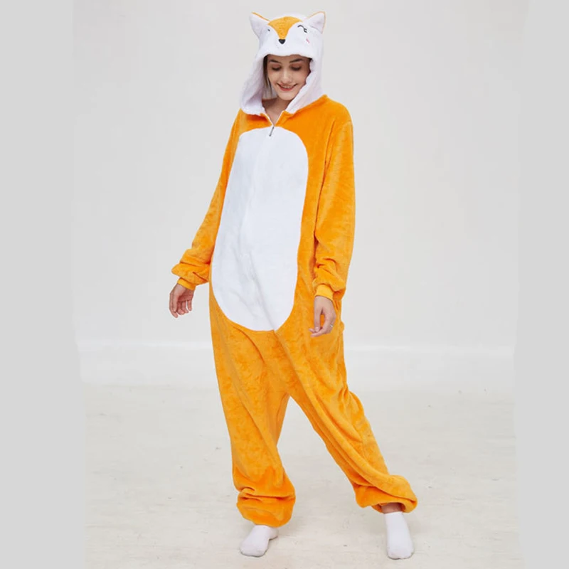 Unisex Adult Women Cartoon Costume Halloween Christmas Animal Cosplay Sleepwear Jumpsuit Fox Onesies Kids Fleece Party Pajamas