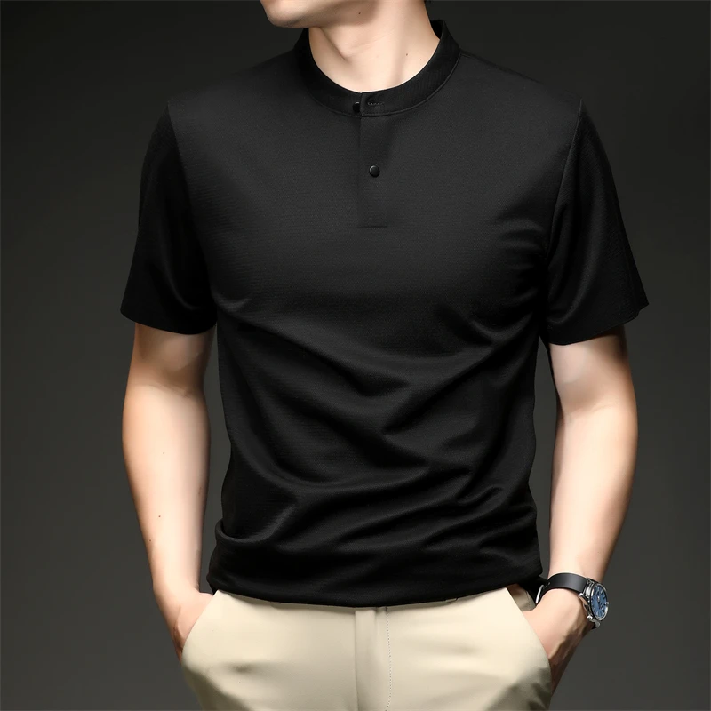 2026 New Men's Single Button Henley Neck Tee Comfortable Textured Fabric Short Sleeve For Casual And Business